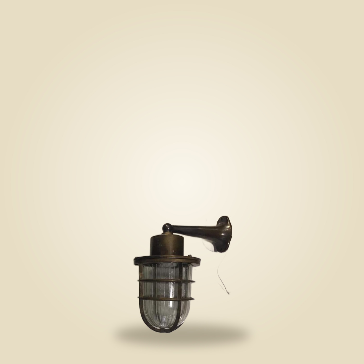Brass Nautical-Style Wall Light with Protective Cage and Fluted Glass — N06
