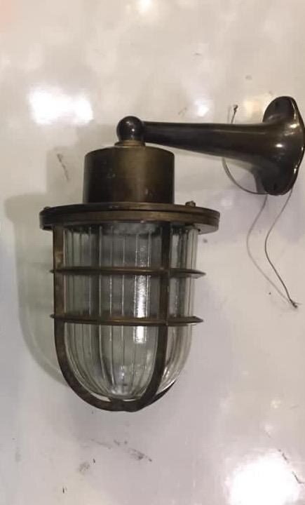 Brass Nautical-Style Wall Light with Protective Cage and Fluted Glass — N06